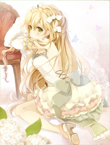 Anime picture 1000x1310 with original puracotte single long hair tall image blonde hair green eyes looking away girl dress flower (flowers) bow hair bow detached sleeves