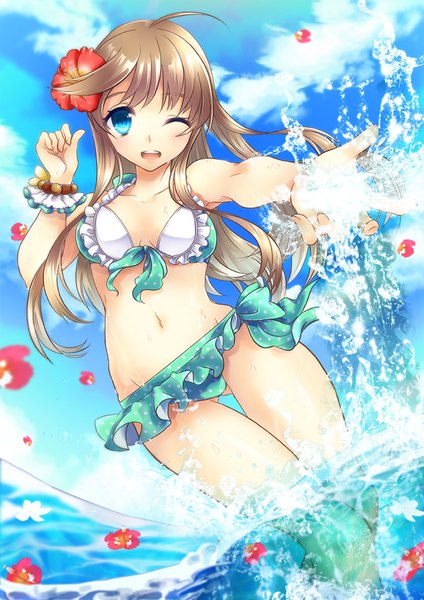 Anime picture 700x990 with original keroyon single long hair tall image looking at viewer blush fringe breasts open mouth blue eyes light erotic smile brown hair standing bare shoulders payot sky cloud (clouds) ahoge