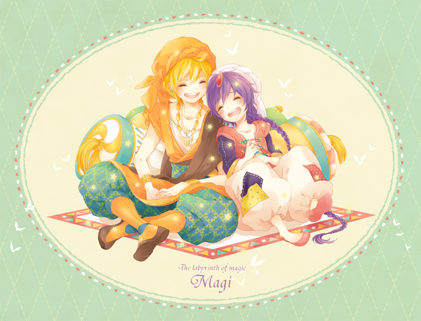 Anime picture 1000x762 with magi the labyrinth of magic a-1 pictures aladdin (magi) ali baba saluja gemini (kokoma) blush short hair open mouth blonde hair purple hair braid (braids) eyes closed very long hair inscription multiple boys single braid green background rhombus boy pillow