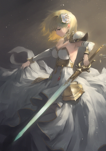 Anime picture 724x1023 with granblue fantasy gita (granblue fantasy) wasabi60 single tall image fringe short hair simple background blonde hair standing holding brown eyes looking away profile floating hair dark background girl dress hair ornament weapon