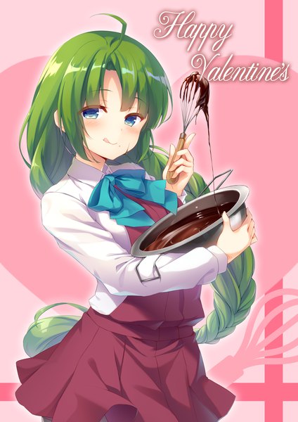 Anime picture 2893x4092 with kantai collection yuugumo destroyer mafuyun single long hair tall image looking at viewer blush highres open mouth blue eyes holding ahoge braid (braids) :d green hair single braid pink background valentine girl