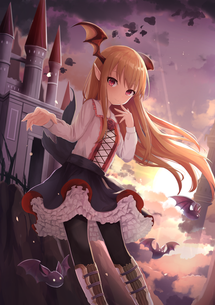 Anime picture 1434x2032 with granblue fantasy vampy touhourh single long hair tall image looking at viewer fringe blonde hair smile hair between eyes red eyes standing payot sky cloud (clouds) long sleeves wind pointy ears sunlight