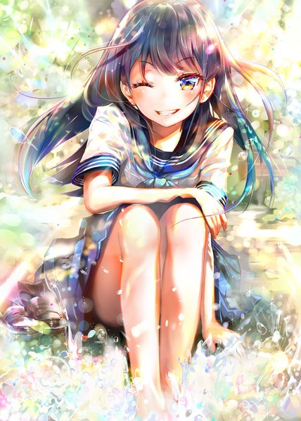 Anime-Bild 800x1122 mit original keepout single long hair tall image looking at viewer blush fringe black hair smile sitting outdoors parted lips pleated skirt one eye closed wind arm support bare legs multicolored eyes girl