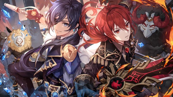 Anime picture 5760x3240 with genshin impact diluc ragnvindr kaeya alberich hilichurl (genshin impact) unity (ekvmsp02) long hair fringe highres blue eyes black hair smile hair between eyes red eyes wide image absurdres red hair multiple boys low ponytail boy weapon