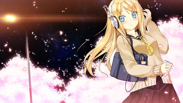Anime picture 1920x1080 with vocaloid kagamine rin o daizen single long hair blush highres blue eyes blonde hair wide image cherry blossoms girl skirt miniskirt petals headphones sweater school bag digital media player