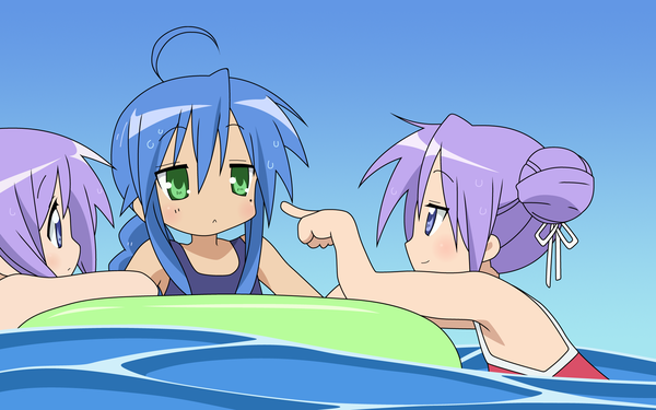 Anime picture 1920x1200 with lucky star kyoto animation izumi konata hiiragi kagami hiiragi tsukasa highres blue eyes wide image blue hair purple hair wallpaper pointing girl ribbon (ribbons) swimsuit water one-piece swimsuit school swimsuit