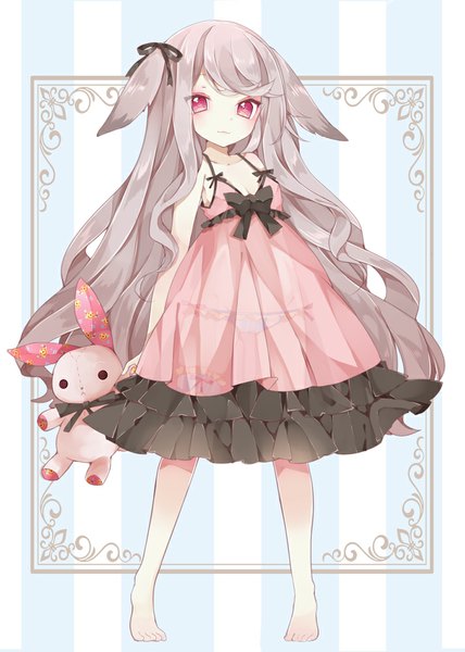 Anime picture 714x1000 with original chico152 single long hair tall image looking at viewer blush fringe standing animal ears pink eyes barefoot grey hair girl dress bow hair bow toy stuffed animal stuffed rabbit