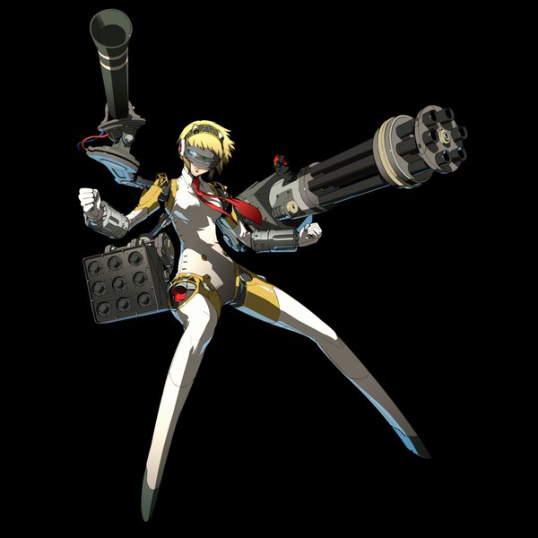 Anime picture 2048x2048 with persona 4 persona 3 persona aegis soejima shigenori single looking at viewer fringe highres short hair blue eyes simple background blonde hair lips spread legs black background spread arms girl weapon necktie