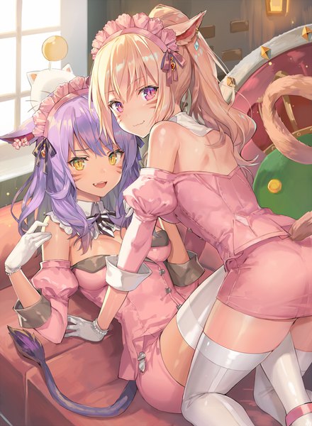 Anime picture 1000x1363 with final fantasy final fantasy xiv square enix miqo'te moogle momoko (momopoco) long hair tall image looking at viewer blush fringe breasts open mouth light erotic blonde hair smile hair between eyes purple eyes bare shoulders multiple girls