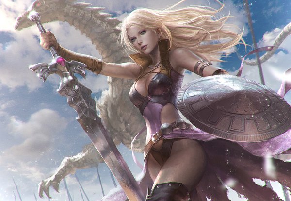 Anime picture 1000x690 with original kilart (artist) single long hair fringe breasts blue eyes blonde hair holding sky cleavage cloud (clouds) lips girl gloves ribbon (ribbons) weapon sword belt armor