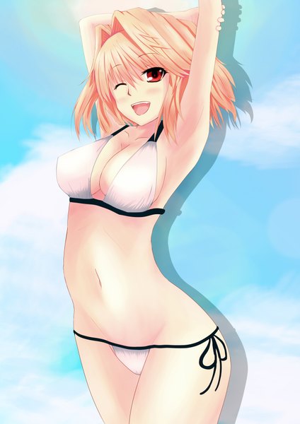 Anime picture 1240x1754 with shingetsutan tsukihime type-moon arcueid brunestud single tall image short hair open mouth light erotic blonde hair red eyes one eye closed wink girl swimsuit bikini white bikini