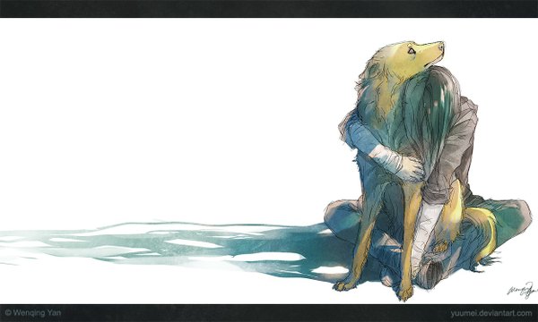 イラスト 1250x750 と yuumei ソロ 短い髪 simple background wide image 座る 影 hug 男性 動物 ブーツ 包帯 犬