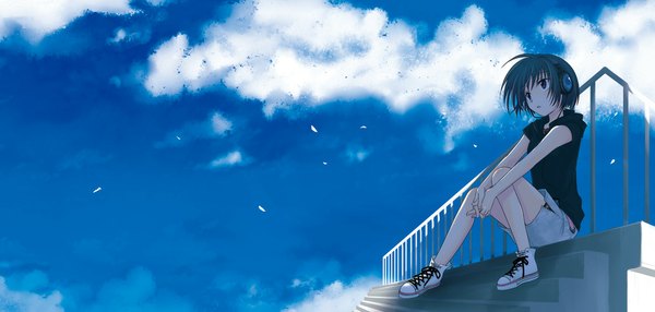 Anime picture 1000x478 with original shima tokio single short hair black hair wide image sitting sky cloud (clouds) black eyes girl headphones