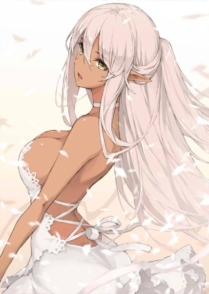 Anime picture 759x1063 with original morisawa haruyuki single long hair tall image blush fringe breasts open mouth light erotic simple background hair between eyes large breasts standing yellow eyes payot looking away cleavage pointy ears grey hair