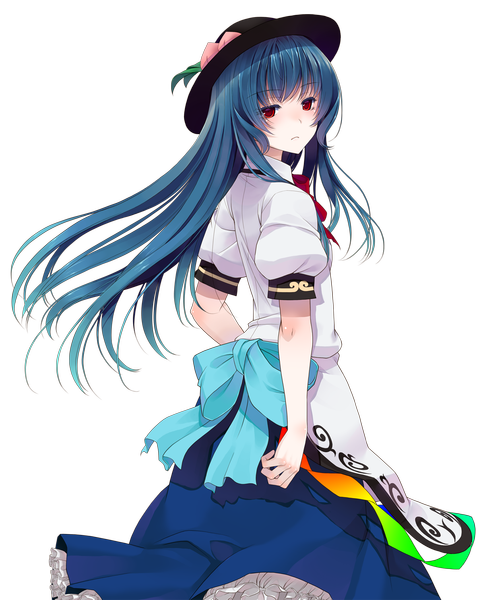 Anime picture 1215x1510 with touhou hinanawi tenshi crote single long hair tall image red eyes blue hair looking back transparent background girl dress hat
