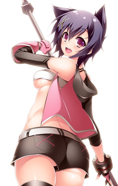 Anime picture 840x1320 with god eater ufotable katsuki nana watanuki kaname single tall image looking at viewer blush short hair breasts open mouth light erotic white background purple eyes bare shoulders animal ears blue hair cat ears girl shorts