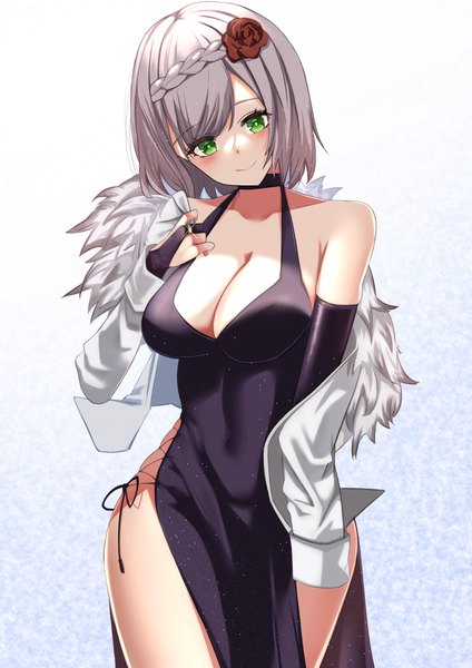 Anime picture 2480x3508 with genshin impact noelle (genshin impact) katagirinanoka single tall image looking at viewer blush highres short hair breasts light erotic simple background smile large breasts standing green eyes cleavage silver hair braid (braids) head tilt