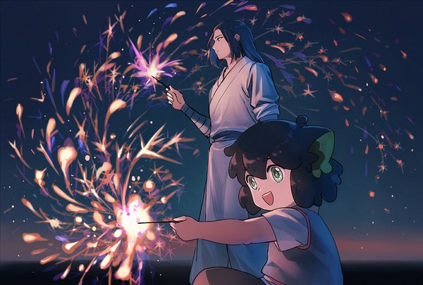 Anime picture 1748x1181 with the legend of luo xiaohei luo xiaohei wuxian (the legend of luoxiaohei) lalatia-meai long hair fringe highres short hair open mouth black hair hair between eyes standing sitting green eyes animal ears looking away outdoors :d cat ears multiple boys