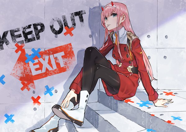 Anime picture 3508x2491 with darling in the franxx studio trigger zero two (darling in the franxx) teshima nari single long hair looking at viewer fringe highres sitting green eyes pink hair absurdres horn (horns) arm support shadow crossed legs military girl uniform