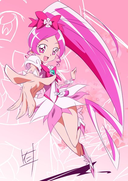 Anime picture 1165x1654 with precure heartcatch precure! toei animation hanasaki tsubomi cure blossom nii manabu single tall image looking at viewer open mouth signed pink hair full body ponytail very long hair :d pink eyes outstretched hand magical girl girl