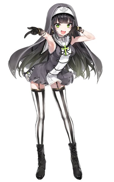 Anime picture 2632x4188 with onsen musume hirado motoe nekometaru single long hair tall image looking at viewer blush fringe highres open mouth simple background standing white background bare shoulders green eyes payot full body blunt bangs arms up