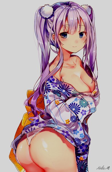 Anime picture 938x1432 with original takitou keila50 single long hair tall image looking at viewer blush fringe breasts blue eyes light erotic simple background large breasts twintails signed cleavage purple hair ass traditional clothes