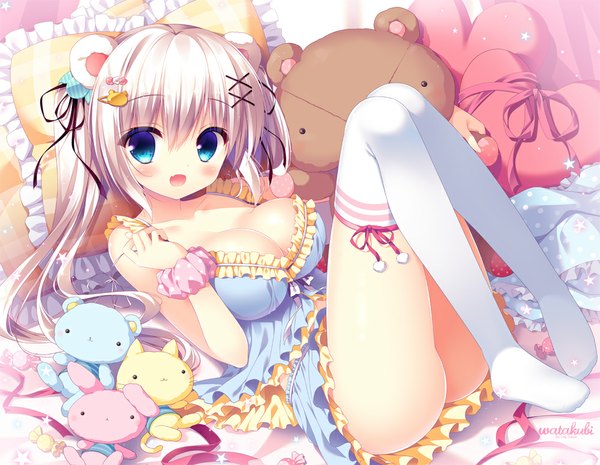Anime picture 1000x776 with original sasai saji single long hair looking at viewer blush breasts open mouth blue eyes light erotic twintails cleavage white hair girl thighhighs dress white thighhighs toy stuffed animal