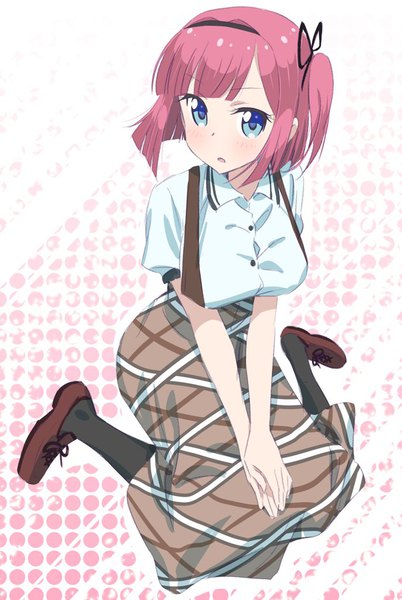 Anime picture 687x1024 with new game! doga kobo mochizuki momiji pink x single tall image looking at viewer blush fringe short hair open mouth blue eyes simple background sitting pink hair full body blunt bangs puffy sleeves one side up wariza