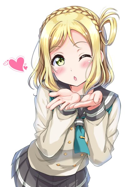 Anime picture 768x1058 with love live! sunshine!! sunrise (studio) love live! ohara mari harunabe (refresh star) single tall image looking at viewer blush short hair open mouth simple background blonde hair white background green eyes braid (braids) pleated skirt one eye closed wink hair rings