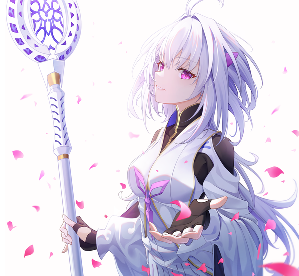 Anime picture 3783x3491 with fate (series) fate/grand order fate/prototype merlin (fate/prototype) star-ring single long hair looking at viewer fringe highres breasts simple background smile hair between eyes standing white background purple eyes holding absurdres silver hair
