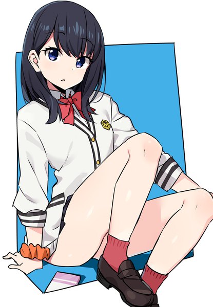 Anime picture 748x1080 with gridman universe ssss.gridman studio trigger takarada rikka shisoneri single long hair tall image looking at viewer fringe blue eyes light erotic black hair simple background sitting bent knee (knees) parted lips arm support border blue background