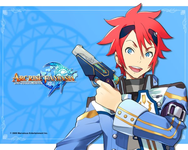 Anime picture 1280x1024 with arc rise fantasia single looking at viewer short hair open mouth blue eyes simple background smile red hair inscription boy weapon gun