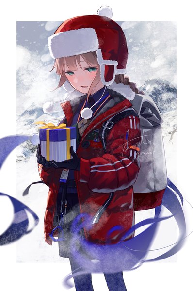 Anime picture 1353x2038 with fate (series) fate/grand order nemo (fate) captain nemo (fate) nemo (santa) (fate) fomnant single tall image blonde hair standing blue hair very long hair multicolored hair aqua eyes open jacket two-tone hair border christmas outside border boy