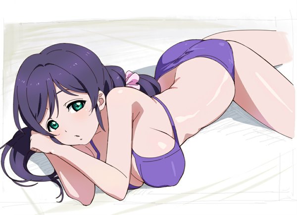 Anime picture 987x715 with love live! school idol project sunrise (studio) love live! toujou nozomi tonbi single long hair looking at viewer blush breasts light erotic large breasts twintails green eyes purple hair lying sideboob low twintails on stomach girl
