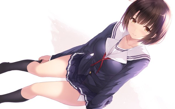 Anime picture 1920x1200 with saenai heroine no sodatekata a-1 pictures katou megumi cait single looking at viewer blush fringe highres short hair simple background hair between eyes brown hair white background brown eyes long sleeves pleated skirt from above dutch angle wallpaper