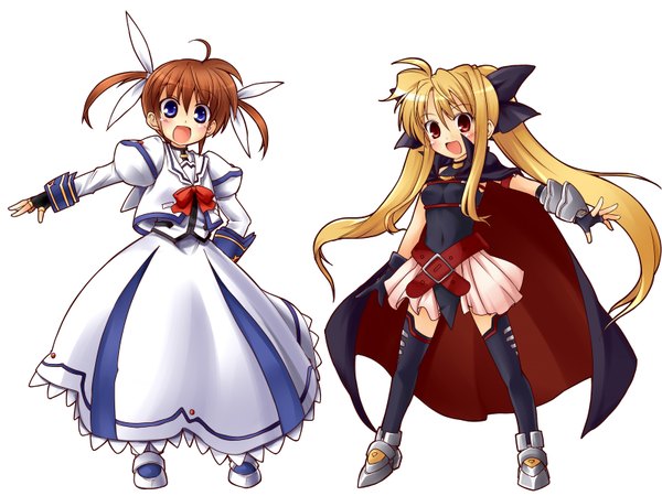 Anime picture 1600x1200 with mahou shoujo lyrical nanoha fate testarossa takamachi nanoha white background girl