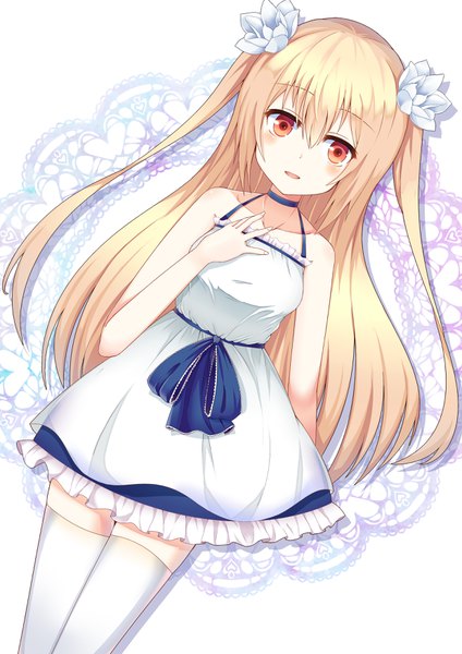 Anime picture 2480x3507 with original kuta (shi cai) long hair tall image looking at viewer blush fringe highres blonde hair simple background hair between eyes standing white background twintails bare shoulders upper body parted lips hair flower fingernails orange eyes