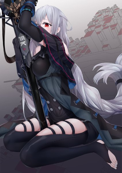 Anime picture 1527x2160 with arknights skadi (arknights) xo (xo17800108) single tall image looking at viewer blush fringe breasts light erotic hair between eyes red eyes sitting holding silver hair full body very long hair nail polish inscription covering