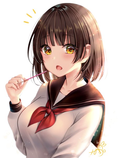 Anime picture 1239x1650 with original mizuka nayuki single tall image looking at viewer blush fringe short hair breasts open mouth simple background brown hair large breasts standing white background holding signed yellow eyes upper body blunt bangs