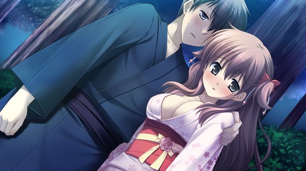 Anime picture 1920x1080 with with ribbon hosaka hina long hair highres short hair blue eyes light erotic black hair brown hair wide image brown eyes game cg cleavage japanese clothes couple girl boy plant (plants) tree (trees) belt