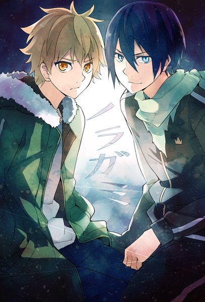 Anime picture 679x1000 with noragami studio bones yato (noragami) yukine (noragami) takerusilt tall image looking at viewer fringe short hair blue eyes black hair blonde hair smile hair between eyes multiple boys orange eyes fur trim copyright name hands in pockets boy