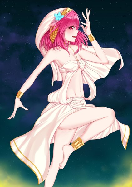 Anime picture 1000x1418 with magi the labyrinth of magic a-1 pictures morgiana nian (zhanian) single tall image blush short hair open mouth light erotic red eyes bare shoulders pink hair profile barefoot arm up night bare legs bare belly night sky