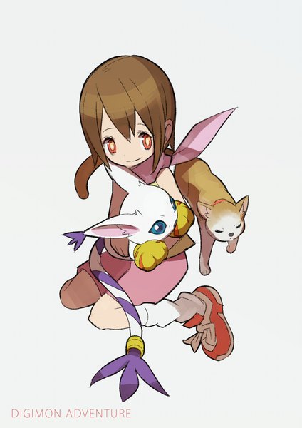 Anime picture 626x885 with digimon digimon adventure yagami hikari tailmon hajime (hajime-ill-1st) single tall image short hair simple background smile red eyes brown hair sitting bare shoulders looking away from above grey background wariza girl animal