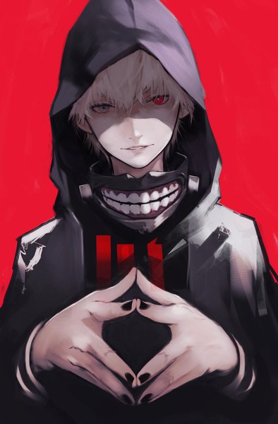 Anime picture 1347x2048 with tokyo ghoul studio pierrot kaneki ken yoshio (55level) single tall image looking at viewer fringe short hair simple background hair between eyes red eyes upper body white hair nail polish light smile grey eyes heterochromia shaded face red background