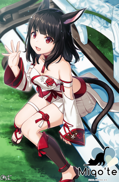 Anime picture 1864x2848 with final fantasy final fantasy xiv square enix miqo'te sakura chiyo (konachi000) single long hair tall image looking at viewer fringe highres breasts open mouth black hair red eyes sitting signed animal ears cleavage outdoors