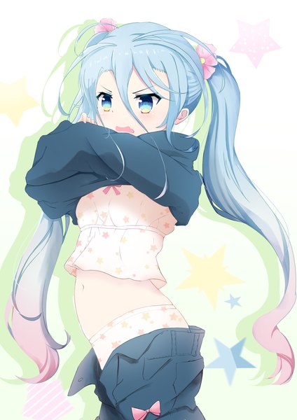 Anime-Bild 2480x3508 mit original kuaua single long hair tall image looking at viewer fringe highres open mouth blue eyes light erotic hair between eyes twintails blue hair gradient hair undressing multicolored eyes star print girl navel