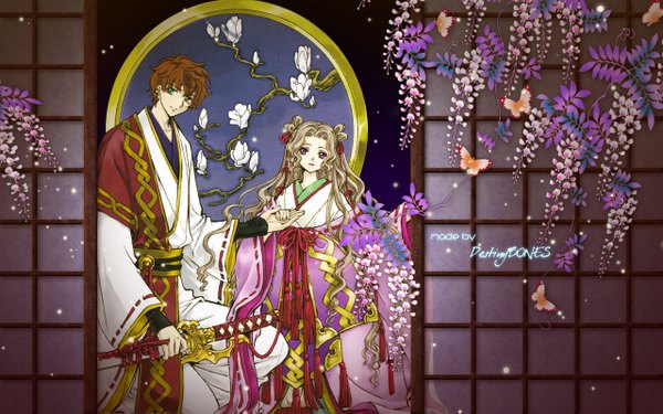 Anime picture 1280x800 with code geass sunrise (studio) clamp kururugi suzaku nunnally lamperouge wide image flower (flowers) wisteria
