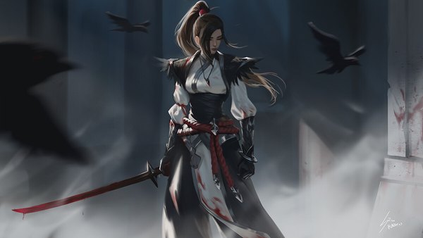 Anime picture 1200x676 with original raikoart single long hair fringe black hair wide image standing holding signed payot indoors eyes closed wind lips realistic turning head bloody clothes bloody weapon girl