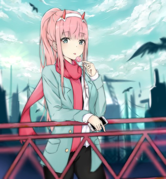 Anime picture 2316x2500 with darling in the franxx studio trigger zero two (darling in the franxx) adore (adoredesu) single long hair tall image looking at viewer fringe highres standing holding payot pink hair sky cloud (clouds) outdoors blunt bangs long sleeves horn (horns)