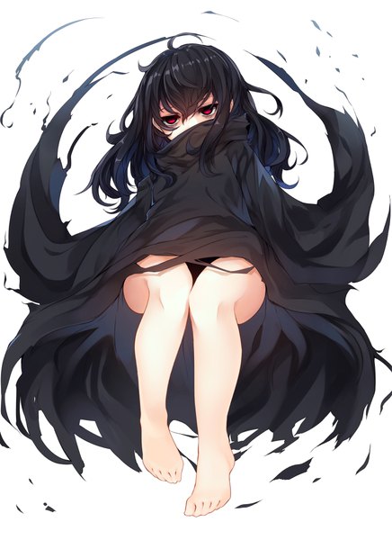 Anime picture 800x1100 with original otokuyou single long hair tall image fringe light erotic black hair simple background hair between eyes red eyes white background looking away ahoge bent knee (knees) long sleeves wide sleeves bare legs torn clothes knees touching